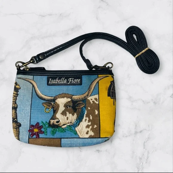 Isabella Fiore Vintage Texas Longhorn Embroidered Embellished Designer Purse Bag - Picture 2 of 9